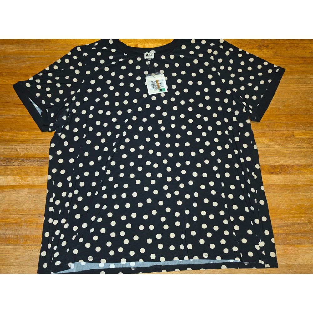 NWT Anne Klein Women 3X Black Tan Polka‎ Dot Faux Button Back Short Sleeve Top